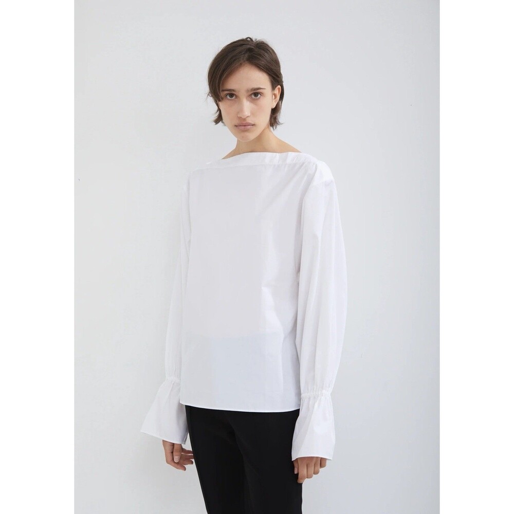 Narbonne Blouse by Totême White 100% Cotton Boat Neck Gathered Sleeves Sz M EUC!